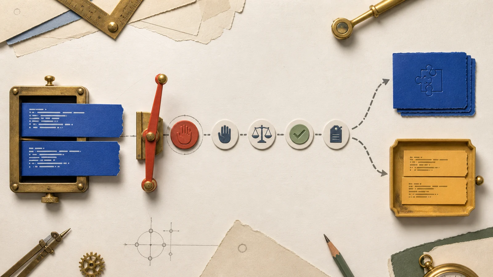 A tactile decision gate routes duplicate code slips through inspection, judgment, testing, and either consolidation or deliberate separation.