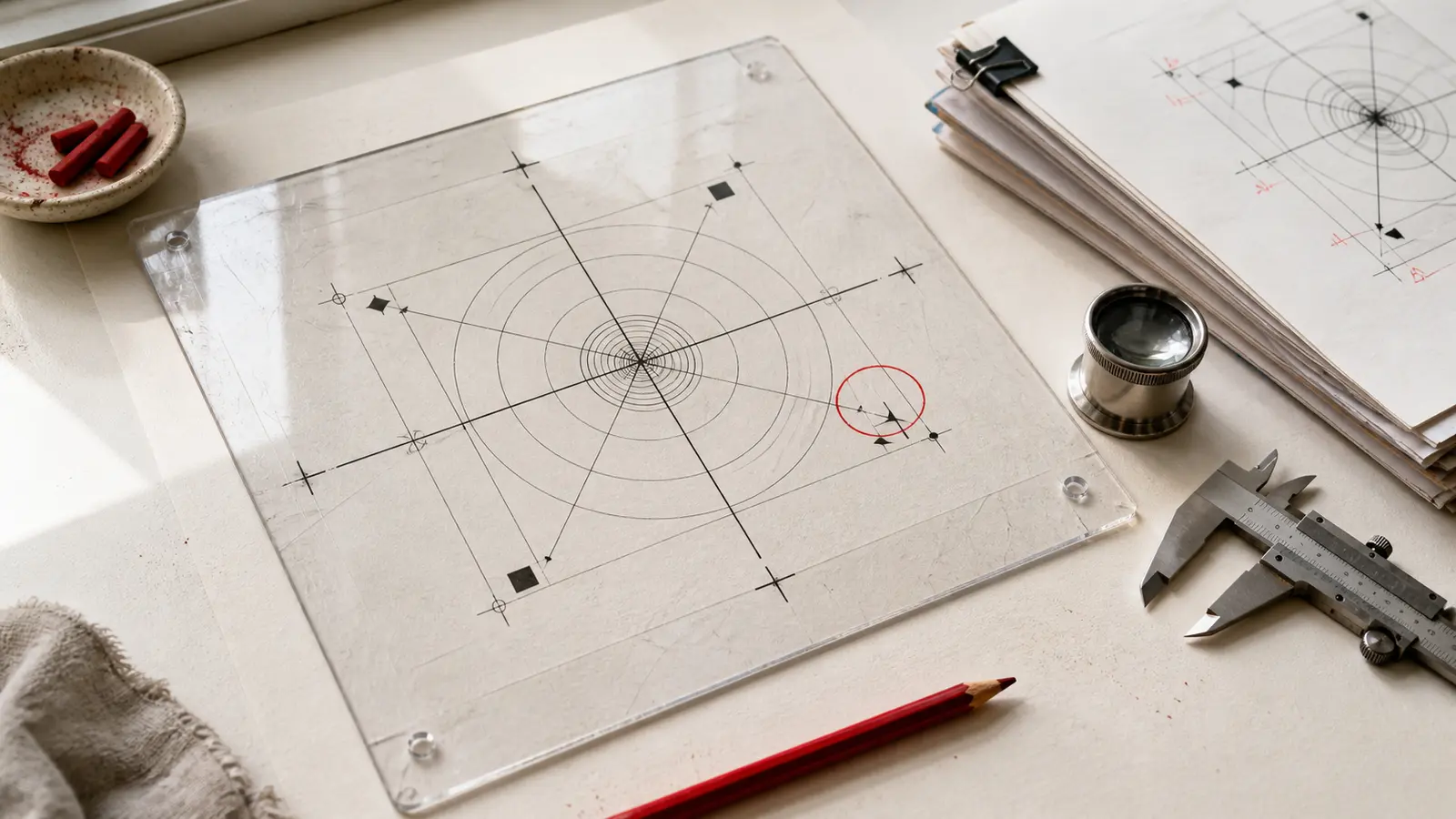 A physical accuracy audit on a bright drafting table, with a transparent calibration plate, a red correction circle, a loupe, and precision calipers.