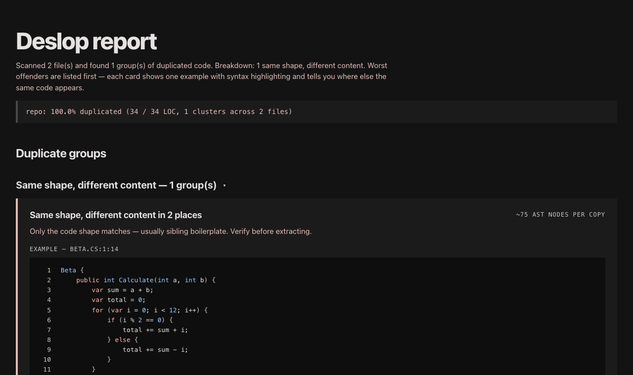 A real Deslop report finding repeated C# code, with the duplicate group and example source shown.