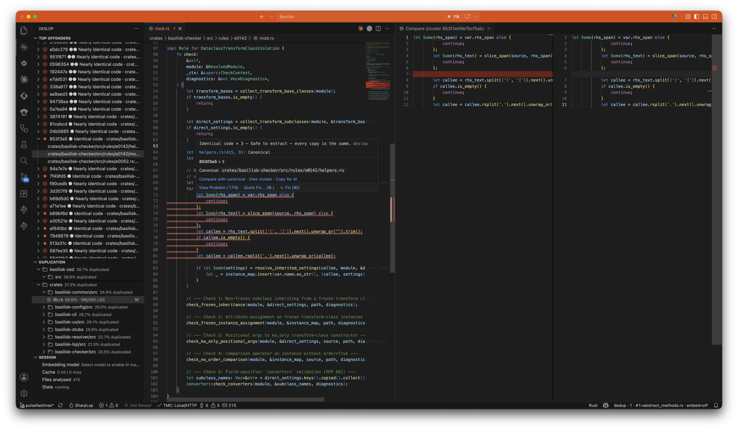 The Deslop VS Code extension on a live workspace: a worst-first Top Offenders tree and a per-directory Duplication breakdown in the sidebar, a live clone warning in the editor naming the canonical copy with Compare / View cluster / Copy for AI actions, and a side-by-side Compare diff against the canonical occurrence.